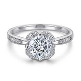 Round Zircon Flower Four Prongs Silver Ring